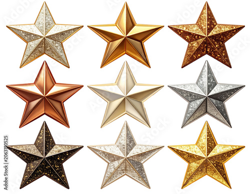 Collection of Nine Luxury Glitter Star Shapes Isolated on Transparent Background
