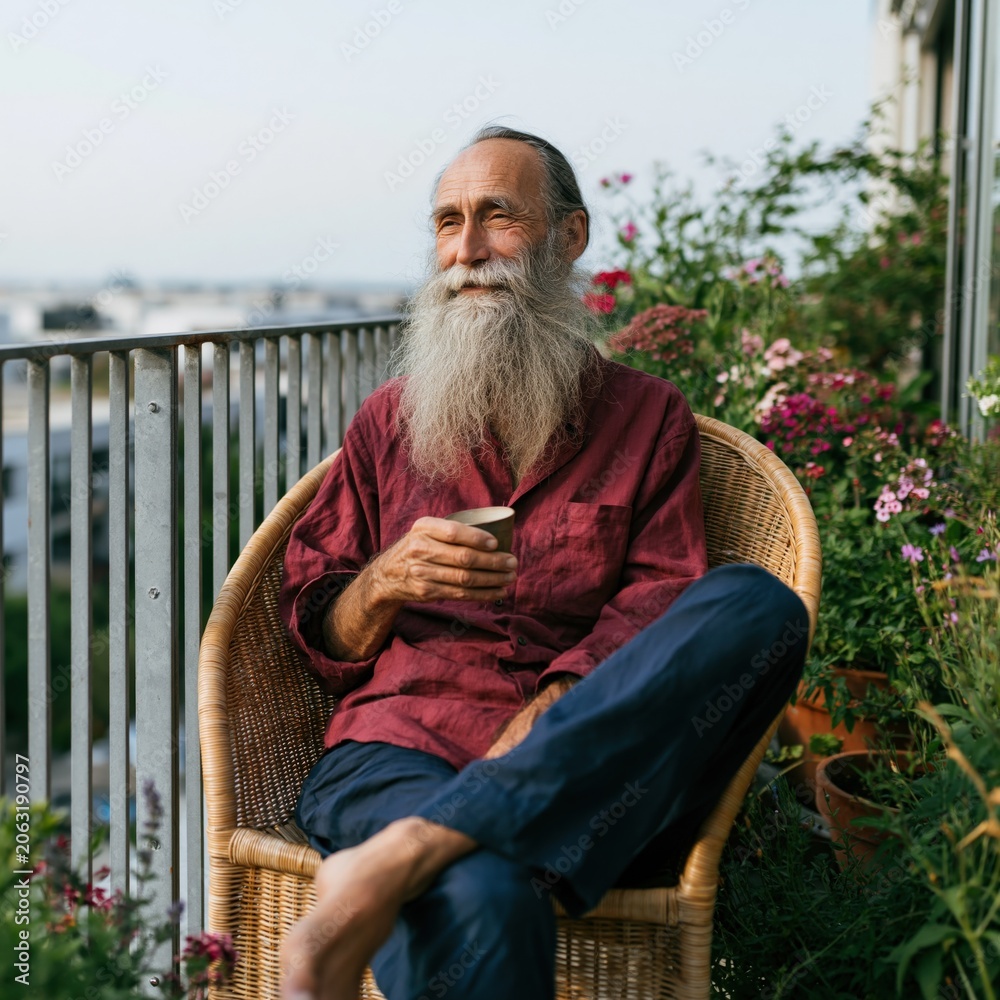 Fototapeta premium Elderly man with long white beard holding a cup on a balcony garden for relaxation background and banner