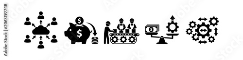 Set of business icons for cloud technology, savings, manufacturing, balance, and mechanical operations.