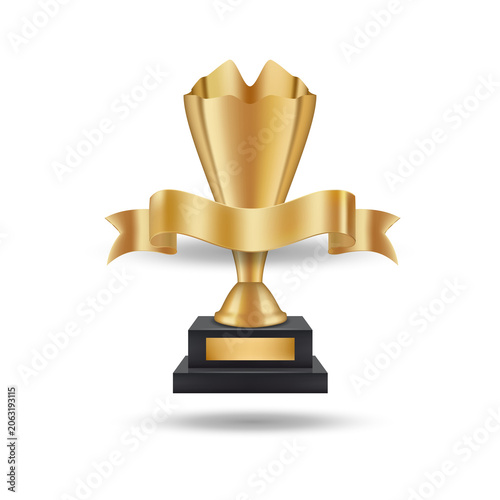 Shiny gold trophy cup with a blank horizontal ribbon banner and a rectangular black base for championship awards isolated on a transparent background