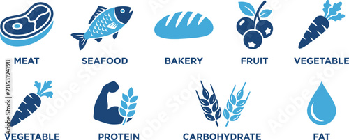 Bild auf Leinwand Set of nutrition food icons showing meat seafood bakery fruit vegetable protein carbohydrate and fat sources