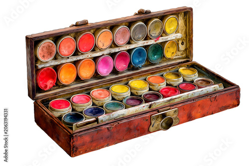 Old vintage watercolor paint box with used messy colorful pans isolated on transparent background, Clipart png