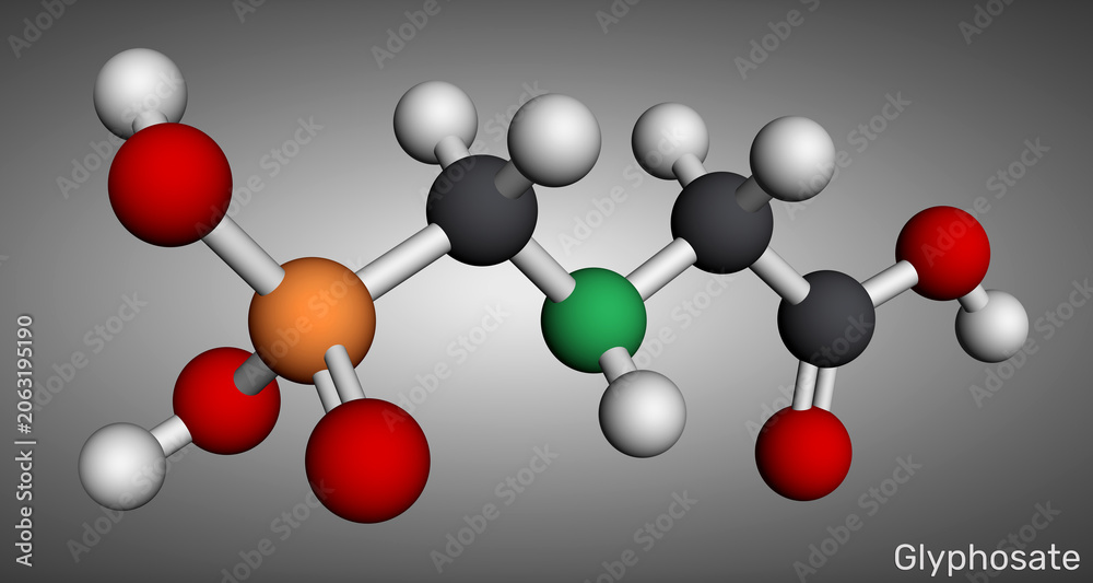 Obraz premium Glyphosate molecule, phosphonate, herbicide chemical structure, non selective weed killer, agricultural pesticide compound 3d render