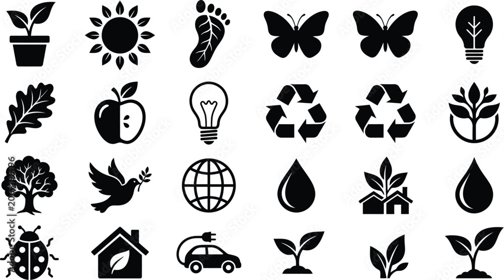 Fototapeta premium Icons illustrating ecological concepts and sustainable living are presented in a comprehensive grid for informational use.