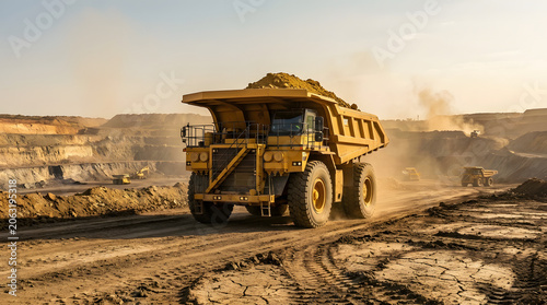 Open pit mine industry, massive yellow mining truck for gold ore
