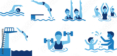 Photos Set of swimming pool activities icons, flat vector illustration