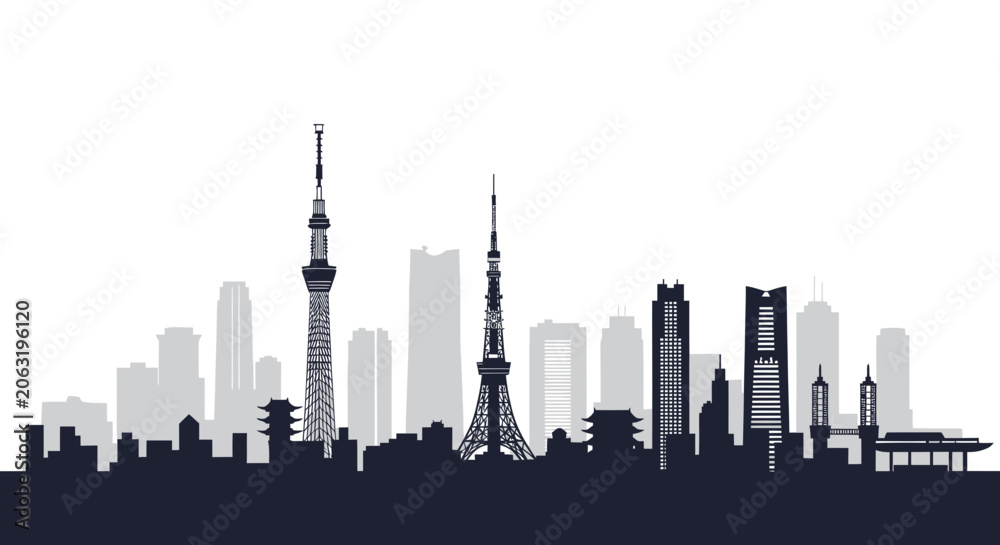 Obraz premium Japanese city skyline silhouette featuring landmarks and skyscrapers