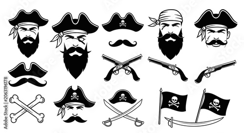 Canvastavla Pirate icons set with beards hats pistols and crossed swords