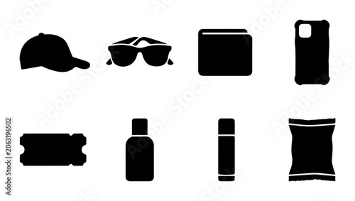 Black Silhouette Icons: Baseball Cap, Sunglasses, Wallet, Phone Case, Tickets, Bottle, Lipstick, Snack Bag