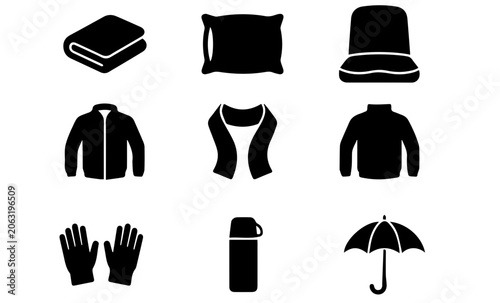 Winter Clothing and Accessories Icons Set, Cozy Apparel & Outdoor Gear Vector Graphics