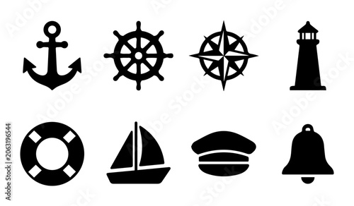 Nautical Icons Set: Anchor, Ship Wheel, Compass Rose, Lighthouse, Lifebuoy, Sailboat, Captain Hat, Bell, Maritime Symbols, Vector Graphics