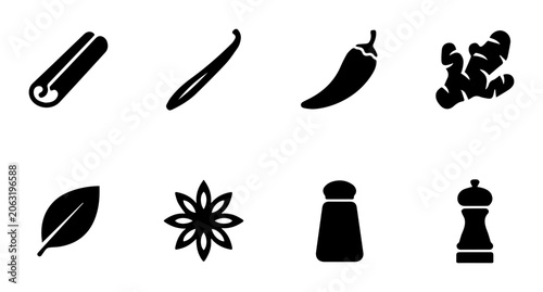 Spice Icons Set: Cinnamon, Vanilla, Chili, Ginger, Bay Leaf, Star Anise, Salt, Pepper Mill Vector Graphics