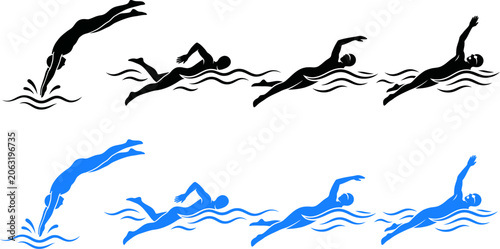 Fotografi Set of swimming icons, swimmer diving and swimming freestyle stroke