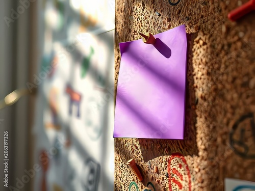 A purple sticky note on corkboard.