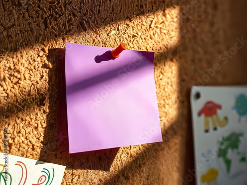 A pink sticky note on corkboard.