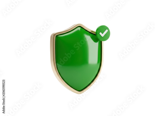 Realistic 3D rendering portraying green security shield icon on a blank backdrop