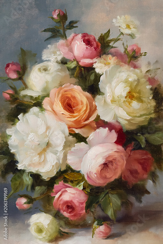 Oil painting presenting a vibrant still life bouquet of assorted blooming roses and peonies on canvas