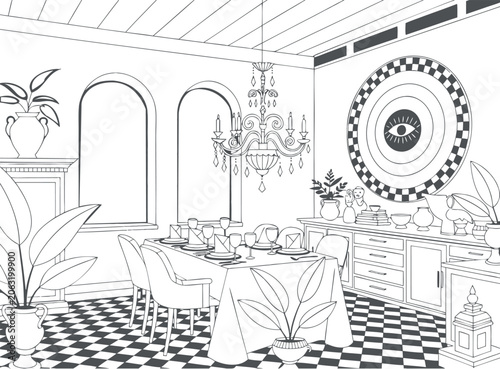 Elegant Dining Room Decoration Coloring Book Page