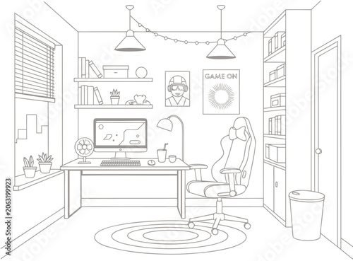 Gamer Bedroom Setup Coloring Book Page