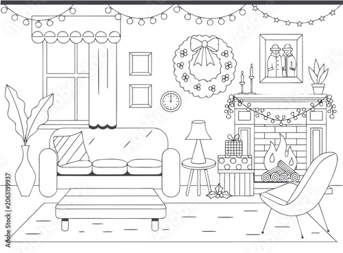 Holiday Decor Living Room Coloring Book Page