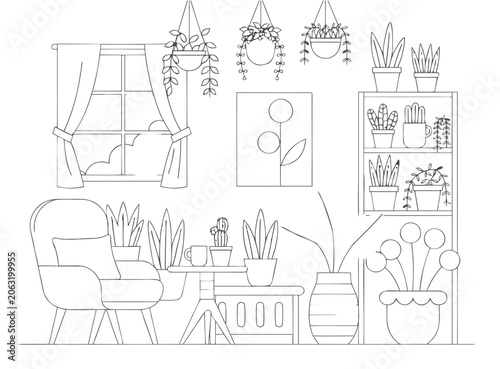 Indoor Plant Room Decor Coloring Book Page