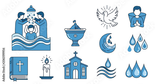 Photos Christian baptism icon set featuring church bible water and dove