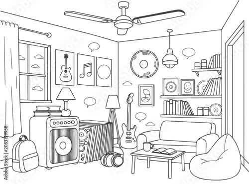Music Lover Bedroom Decoration Coloring Book Page