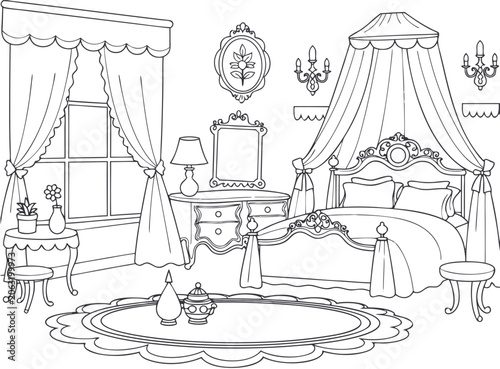 Princess Bedroom Interior Coloring Book Page