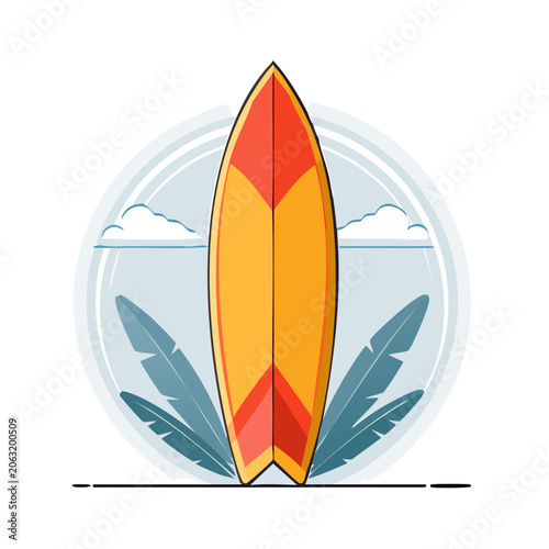 Colorful surfboard with tropical elements illustration