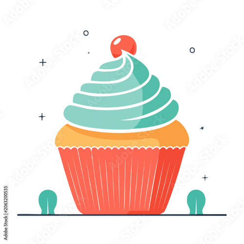 Flat Design Cupcake with Teal Frosting and Cherry