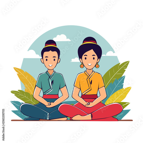 Two People in Traditional Clothing Sitting Cross-Legged
