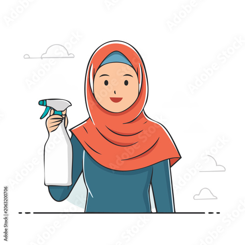 Woman in hijab holding spray bottle illustration