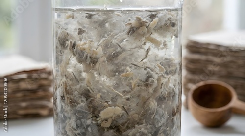 Infusion of Dried Herbs in Water: Close-up of dried botanical elements, likely herbs or flowers, steeping in clear water within a glass jar, hinting at natural remedies or homecraft.
