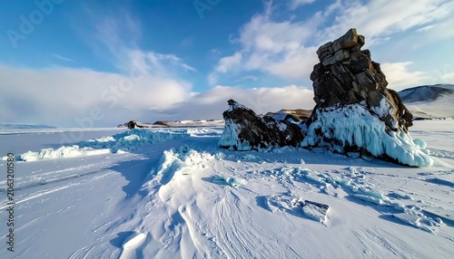 A frozen lake with a large ice-encased boulder under a blue sky with wispy clouds