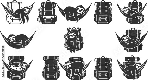 Obraz na płótnie Set of lazy sloth characters relaxing in hammocks attached to hiking backpacks v