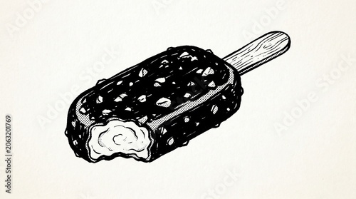 Detailed black‑and‑white drawing of bitten chocolate ice cream bar with nutty coating on wooden stick, showcasing texture contrast between rough exterior and creamy interior.