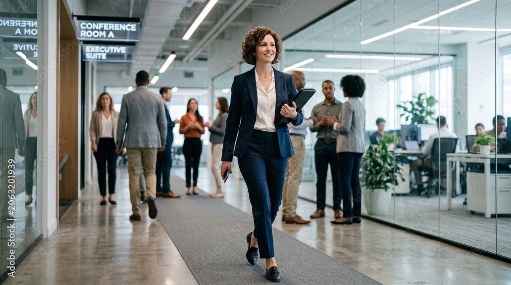 Fototapeta premium Confident female corporate leader walking through busy modern open-plan office hallway carrying a folder and smiling.