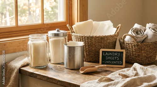 Laundry Day Essentials: A rustic setup featuring a glass jar filled with laundry detergent, a metal container, a woven basket with fresh laundry sheets.