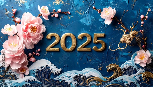 A futuristic 2025 graphic with pink flowers, gold accents, and waves on a blue background