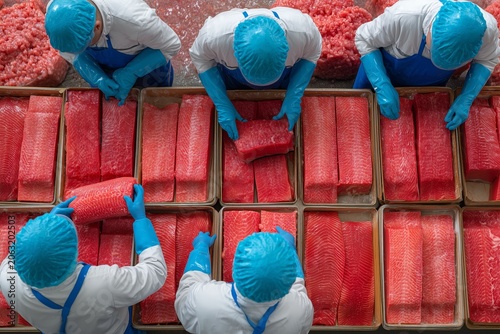 Top view of the tuna processing process at the factory. Workers in protective clothing sort and process fish on an industrial line.