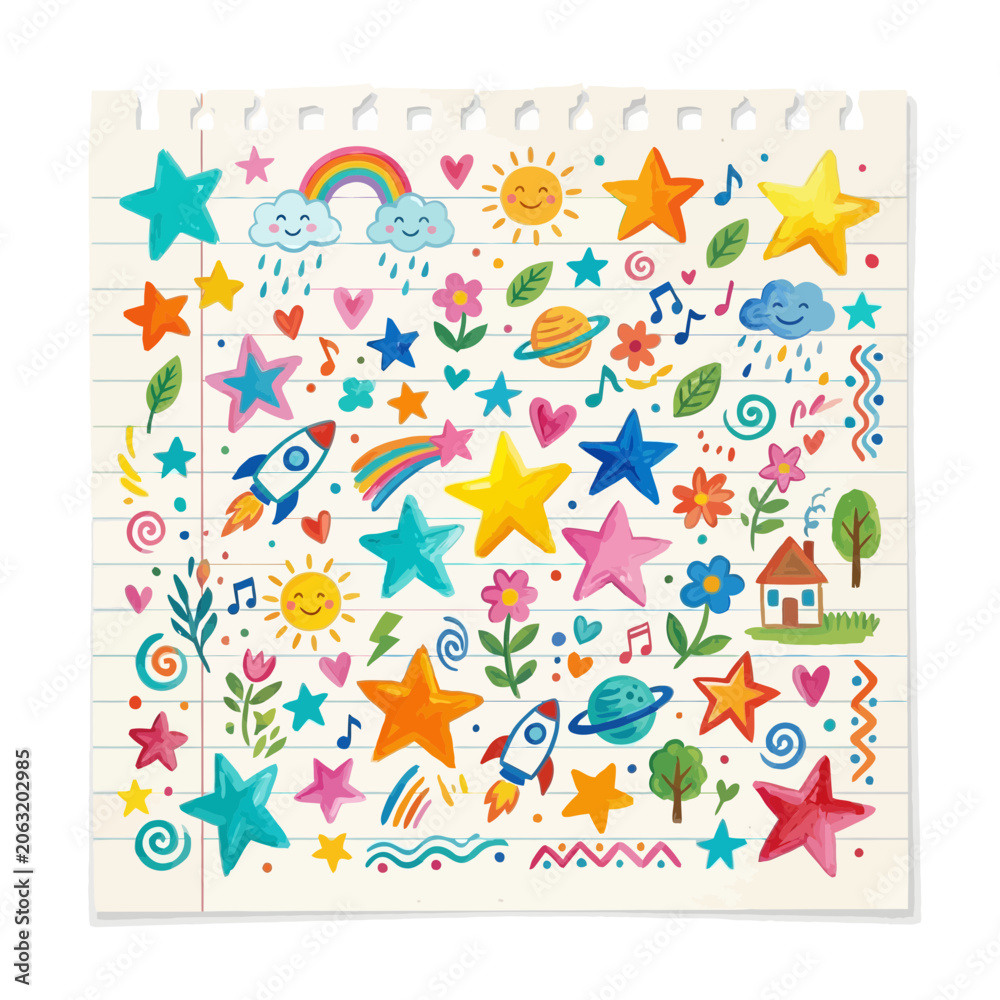 Fototapeta premium Whimsical Doodle Collection: Stars, Clouds, Sun, Rainbows, Rockets, Space, Nature