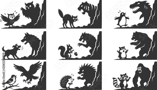 Konstfotografi Set of animal silhouettes in conflict and dramatic encounter scenes in high cont