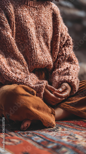 Zen relaxation concept, person in a relaxed posture meditating, soft earthy colors, Generative AI illustrations.