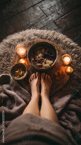 Cozy evening spa ritual, person soaking feet in a warm bath, soft candlelight aesthetic, Generative AI illustrations.