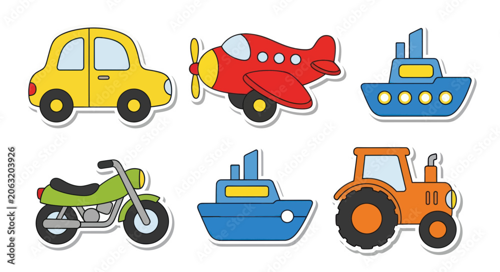 Naklejka premium Colorful cartoon transport vehicle sticker set for kids