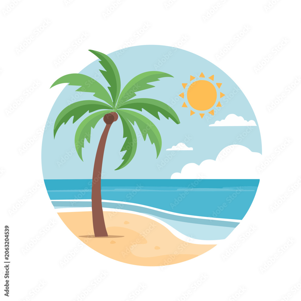 Obraz premium Tropical beach scene with palm tree and ocean
