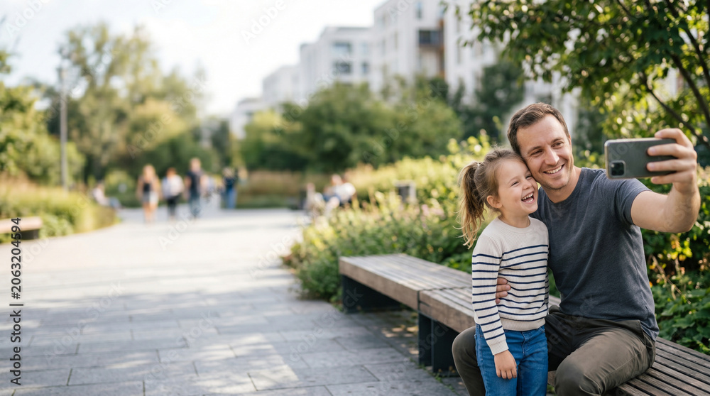 Obraz premium Father and daughter taking selfie together, modern lifestyle and bonding, Father's Day