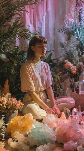 Home wellness concept, person meditating in a peaceful space with crystals and greenery, Generative AI illustrations.
