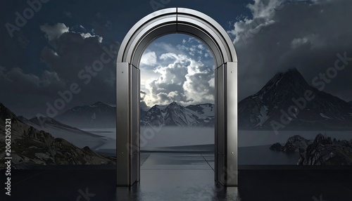 A futuristic archway opens to a mountainous landscape under a dramatic cloudy sky
