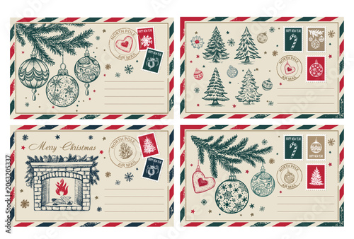 Vintage Christmas Postcard set with Holiday Ornaments and Stamps	
